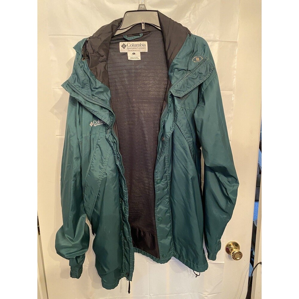 Columbia Omni Tech Windbreaker Hooded Rain Jacket Mens L Green Zips And Snaps
